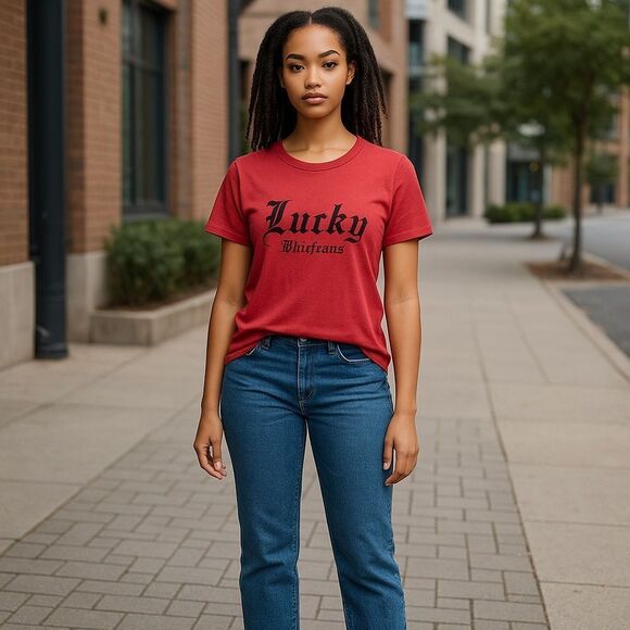 Lucky Brand Blue Jeans Red Wash Tee T-shirt NWT - Picture 1 of 8